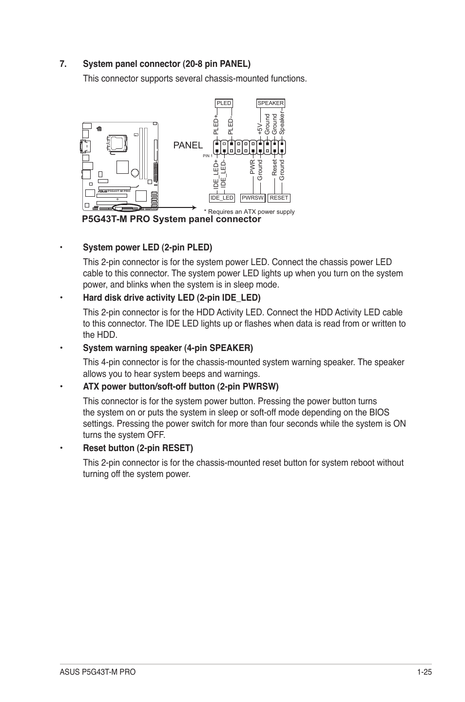 P5g43t-m pro system panel connector, Panel | Asus P5G43T-M PRO User Manual | Page 35 / 60