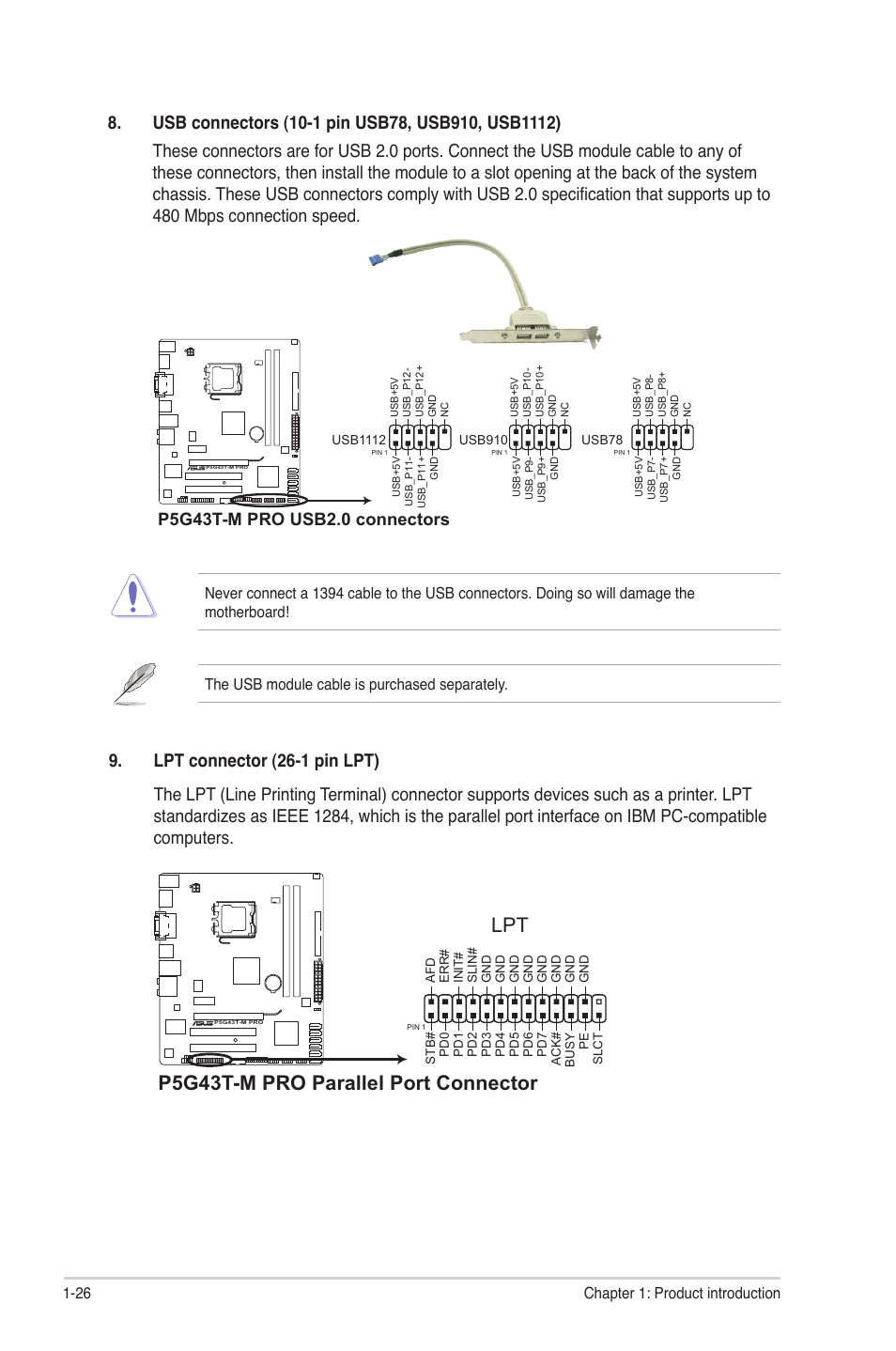 P5g43t-m pro parallel port connector lpt | Asus P5G43T-M PRO User Manual | Page 36 / 60