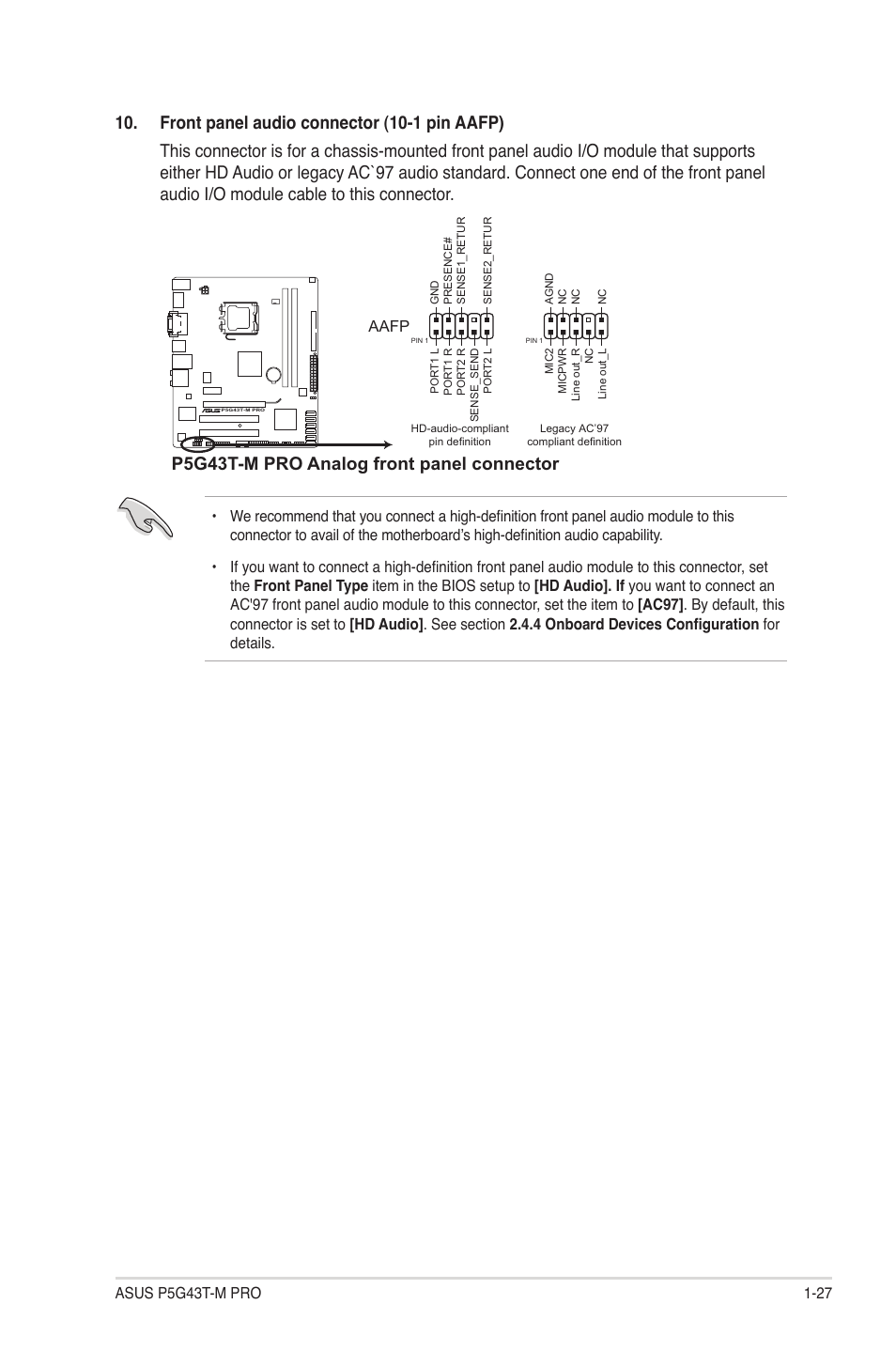 P5g43t-m pro analog front panel connector | Asus P5G43T-M PRO User Manual | Page 37 / 60