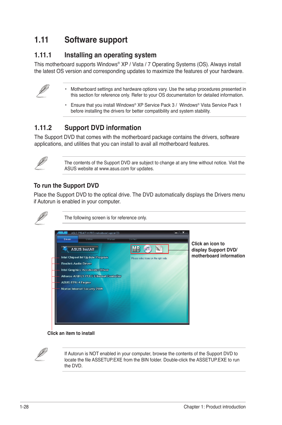 11 software support, 1 installing an operating system, 2 support dvd information | 11 software support -28 | Asus P5G43T-M PRO User Manual | Page 38 / 60