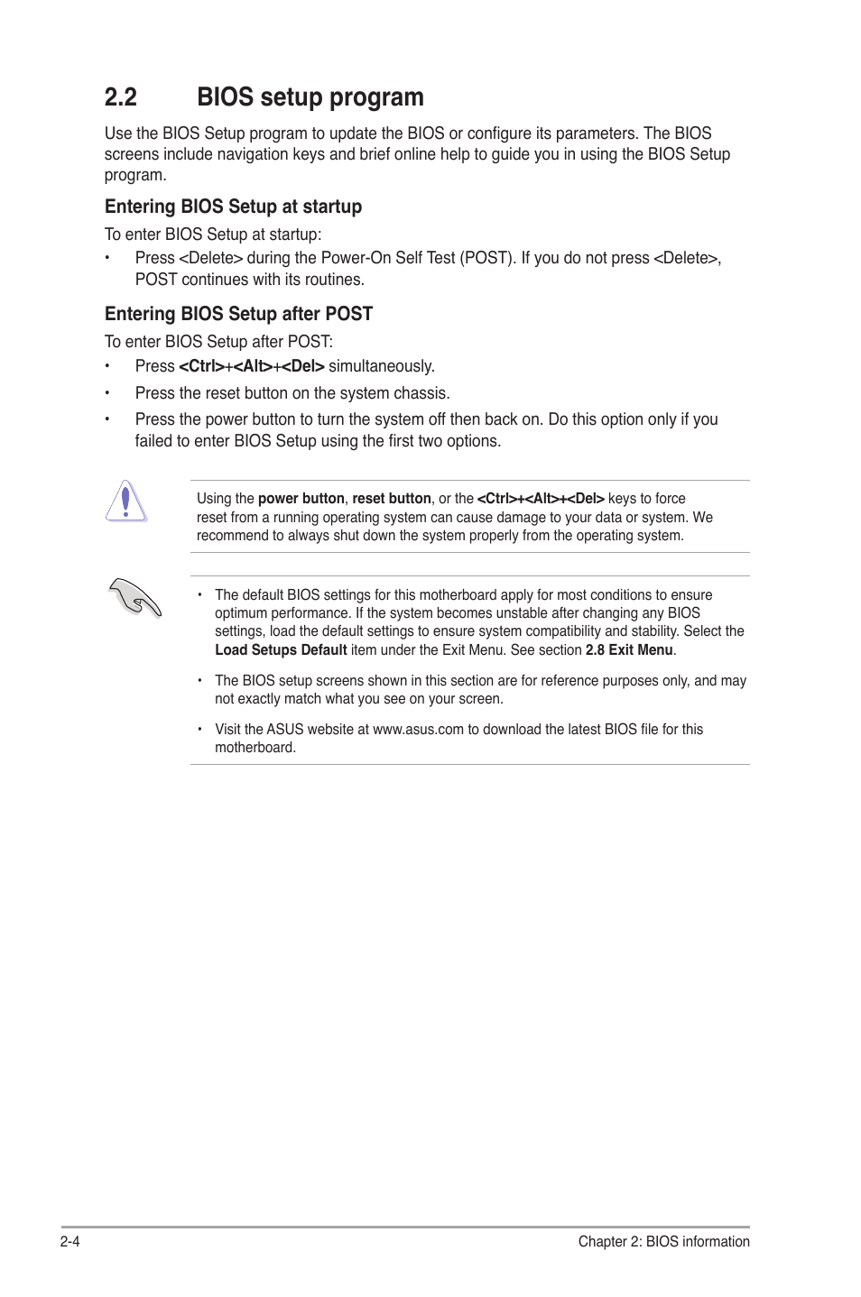 2 bios setup program, Bios setup program -4 | Asus P5G43T-M PRO User Manual | Page 42 / 60