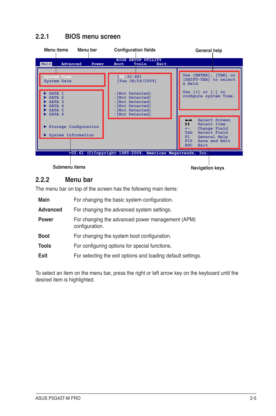 1 bios menu screen, 2 menu bar, Bios menu screen -5 | Menu bar -5 | Asus P5G43T-M PRO User Manual | Page 43 / 60