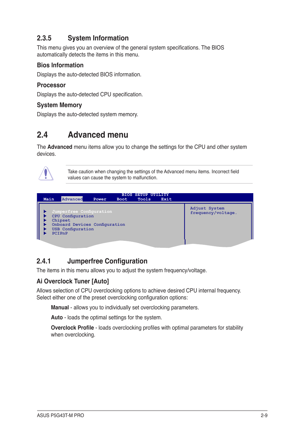 5 system information, 4 advanced menu, 1 jumperfree configuration | System information -9, Advanced menu -9 2.4.1, Jumperfree configuration -9 | Asus P5G43T-M PRO User Manual | Page 47 / 60