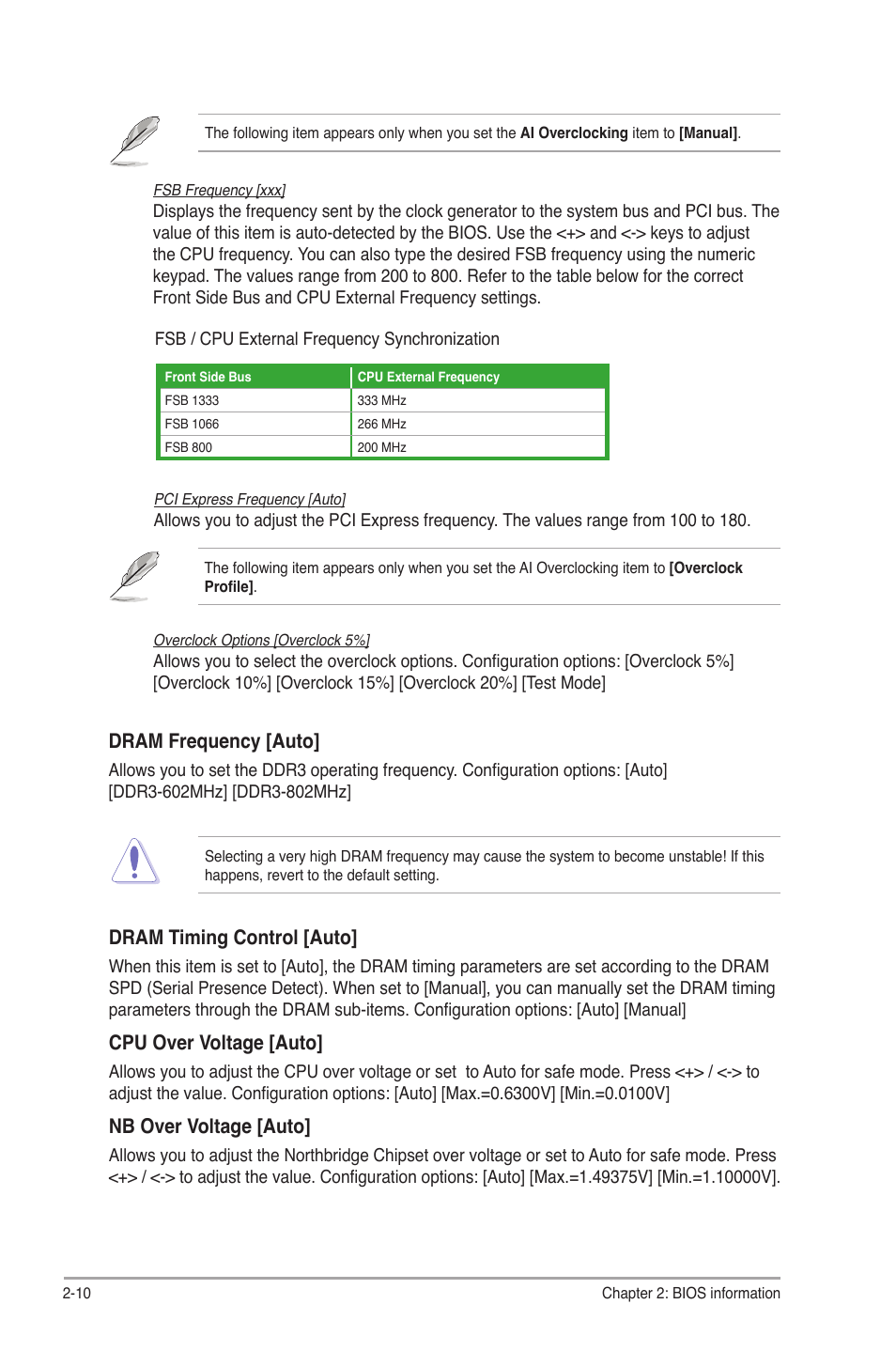 Dram frequency [auto, Dram timing control [auto, Cpu over voltage [auto | Nb over voltage [auto | Asus P5G43T-M PRO User Manual | Page 48 / 60