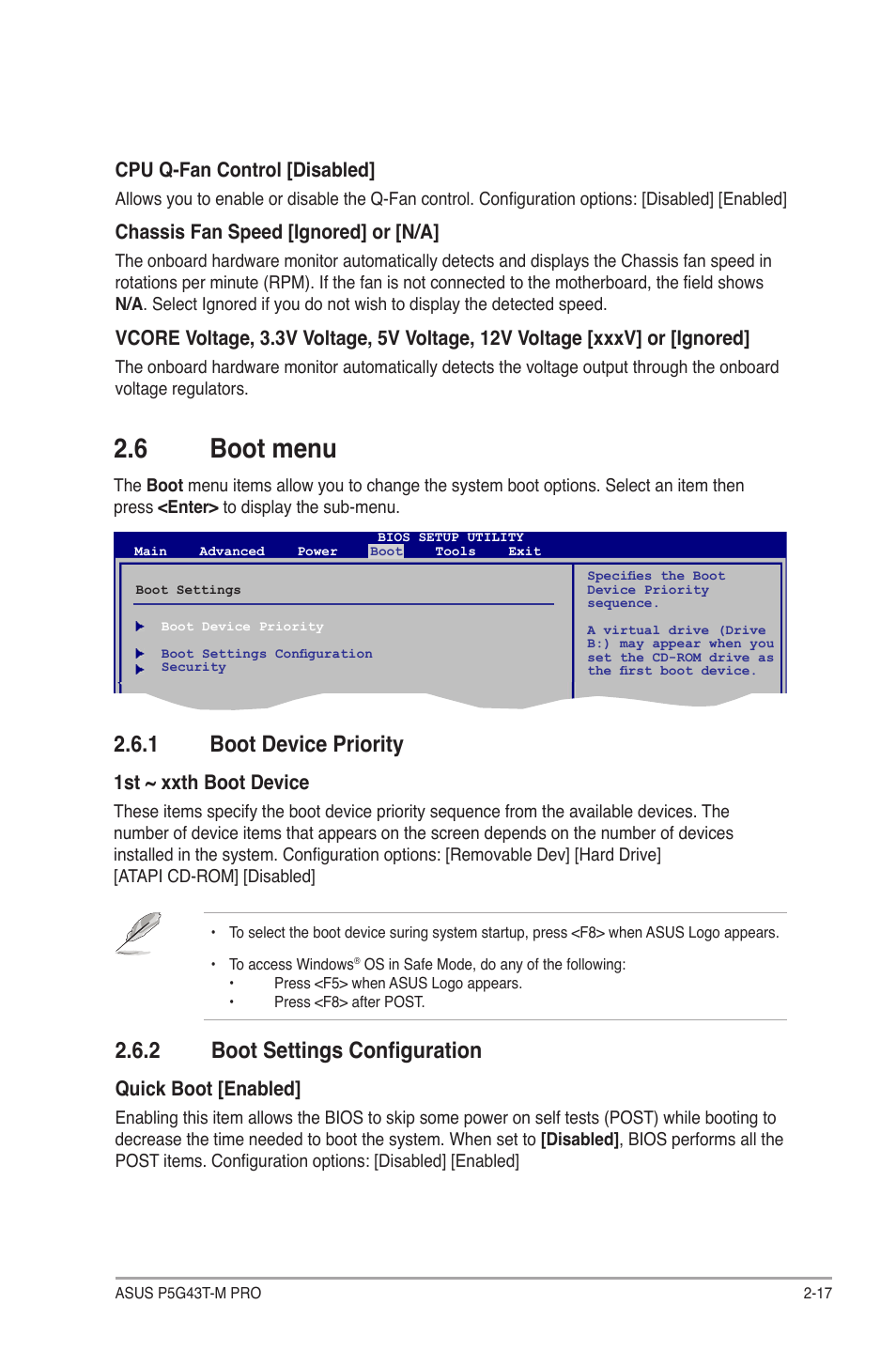 6 boot menu, 1 boot device priority, 2 boot settings configuration | Boot menu -17 2.6.1, Boot device priority -17, Boot settings configuration -17 | Asus P5G43T-M PRO User Manual | Page 55 / 60