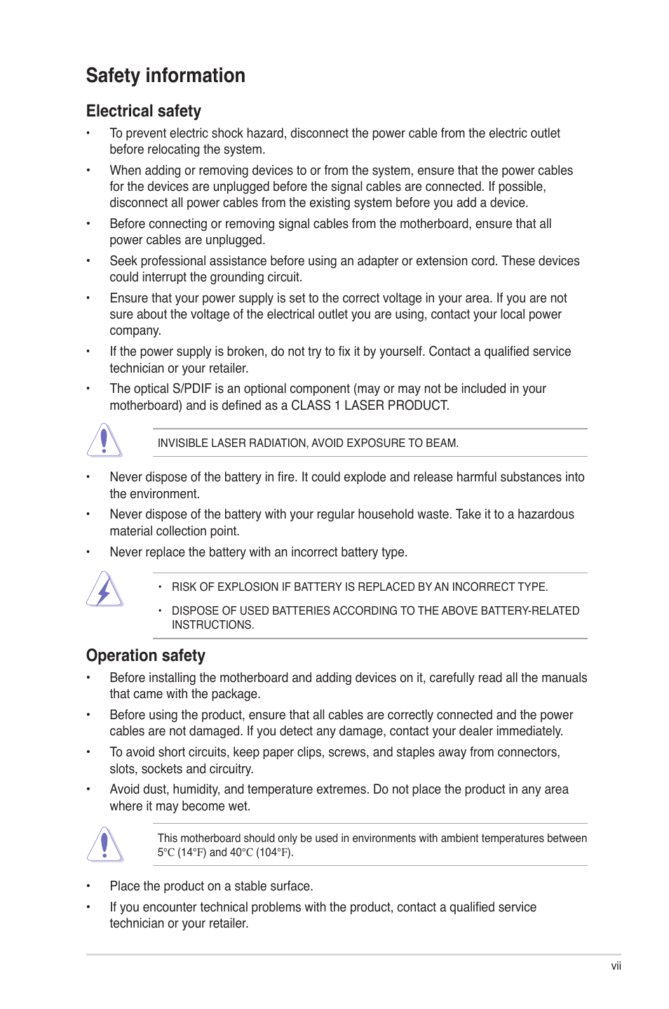 Safety information, Operation safety, Electrical safety | Asus P5G43T-M PRO User Manual | Page 7 / 60