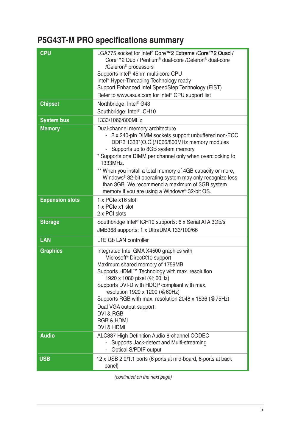 P5g43t-m pro specifications summary | Asus P5G43T-M PRO User Manual | Page 9 / 60