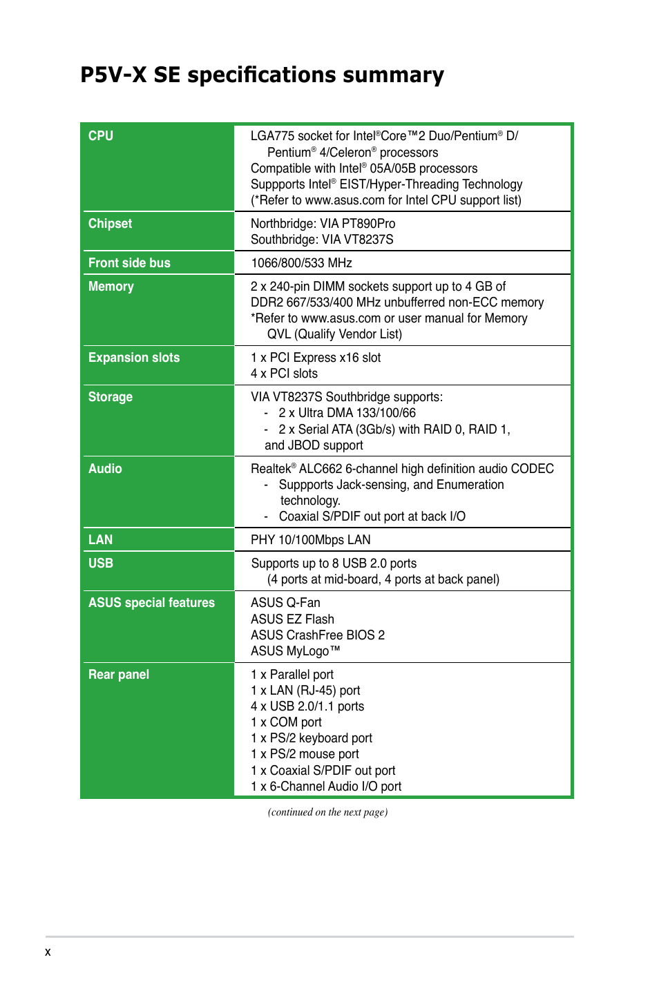 P5v-x se specifications summary | Asus P5V-X SE User Manual | Page 10 / 88