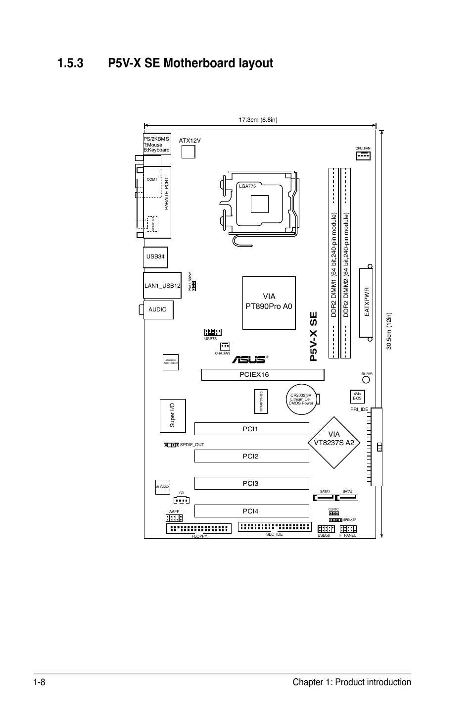 3 p5v-x se motherboard layout, 8 chapter 1: product introduction, P5v -x se | Via pt890pro a0 | Asus P5V-X SE User Manual | Page 20 / 88