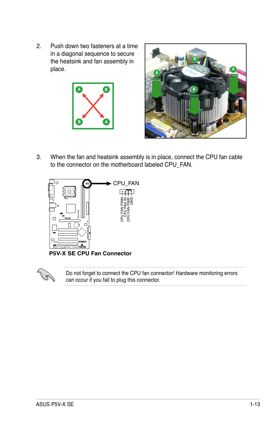 P5v-x se cpu fan connector, Cpu_fan | Asus P5V-X SE User Manual | Page 25 / 88