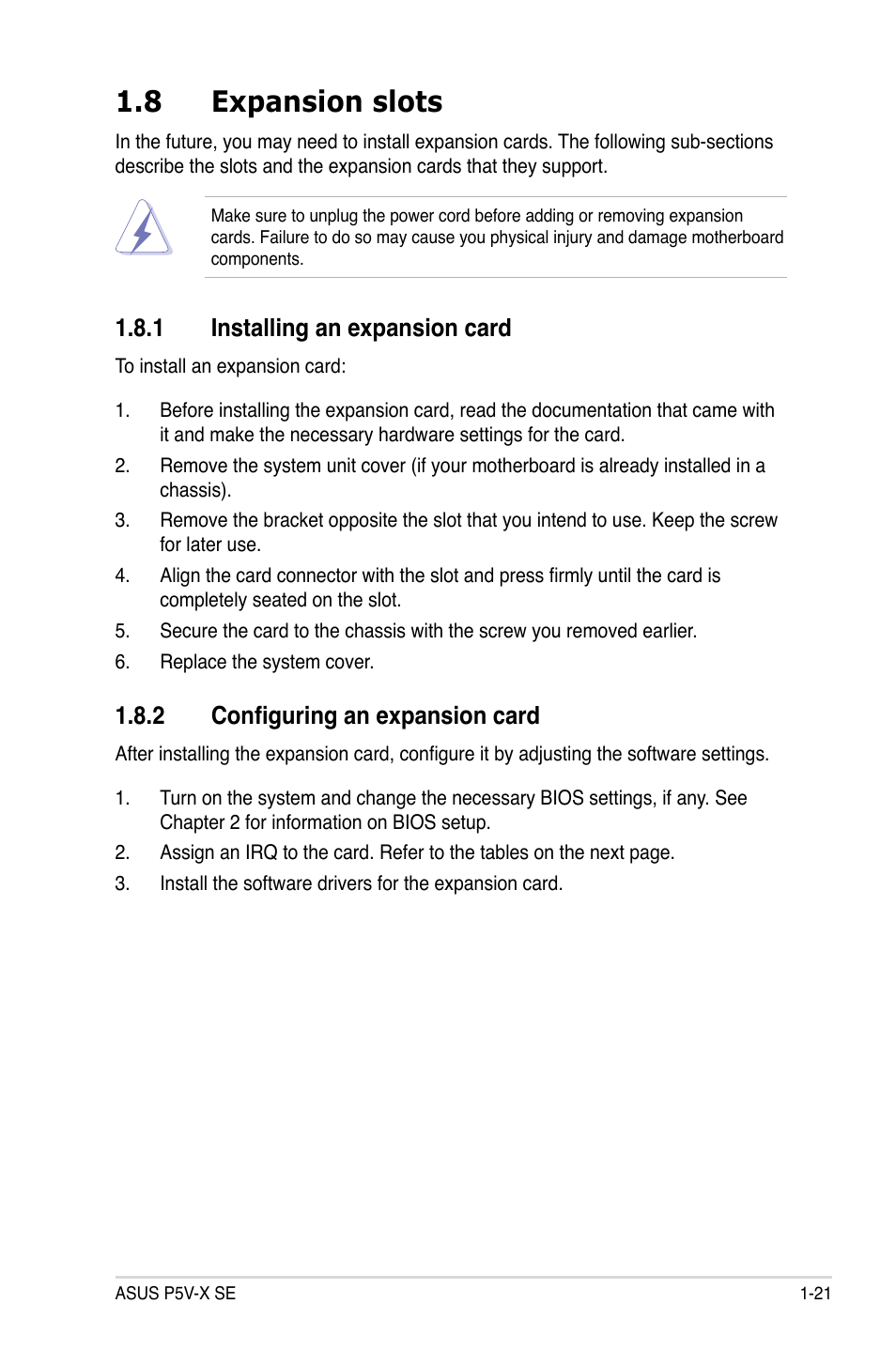 8 expansion slots, 1 installing an expansion card, 2 configuring an expansion card | Asus P5V-X SE User Manual | Page 33 / 88