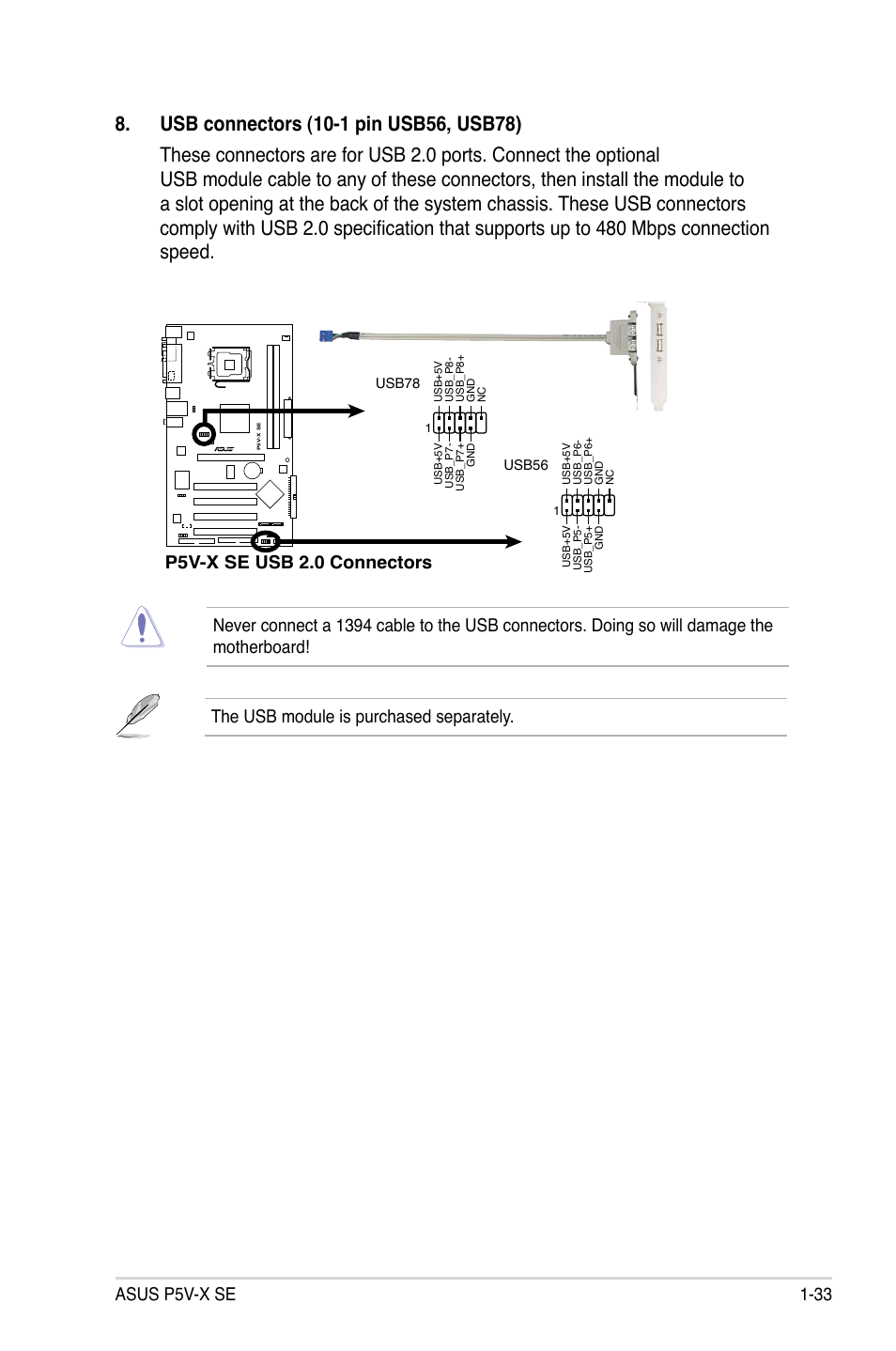 Asus p5v-x se 1-33, P5v-x se usb 2.0 connectors | Asus P5V-X SE User Manual | Page 45 / 88