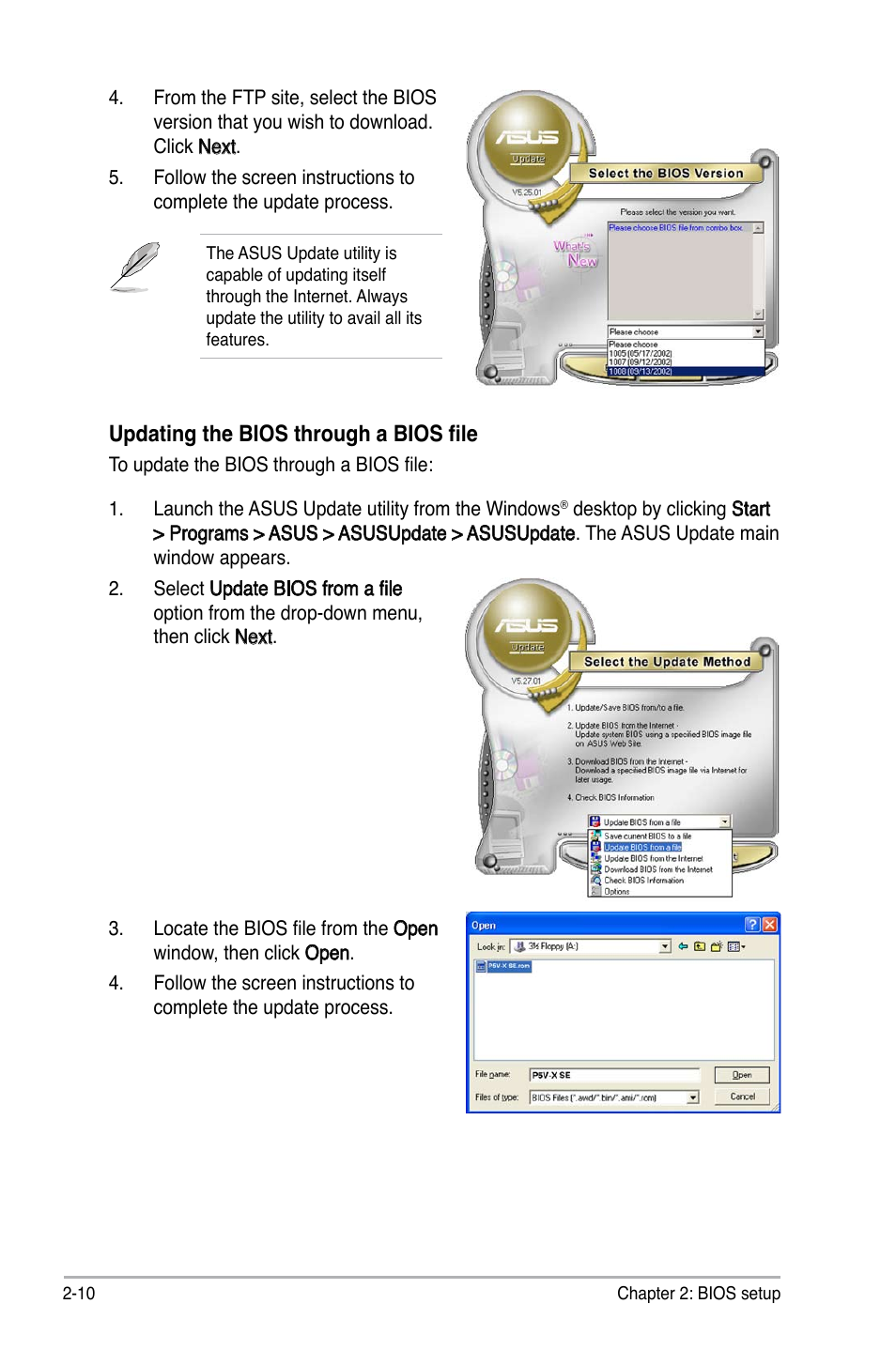 Updating the bios through a bios file | Asus P5V-X SE User Manual | Page 58 / 88