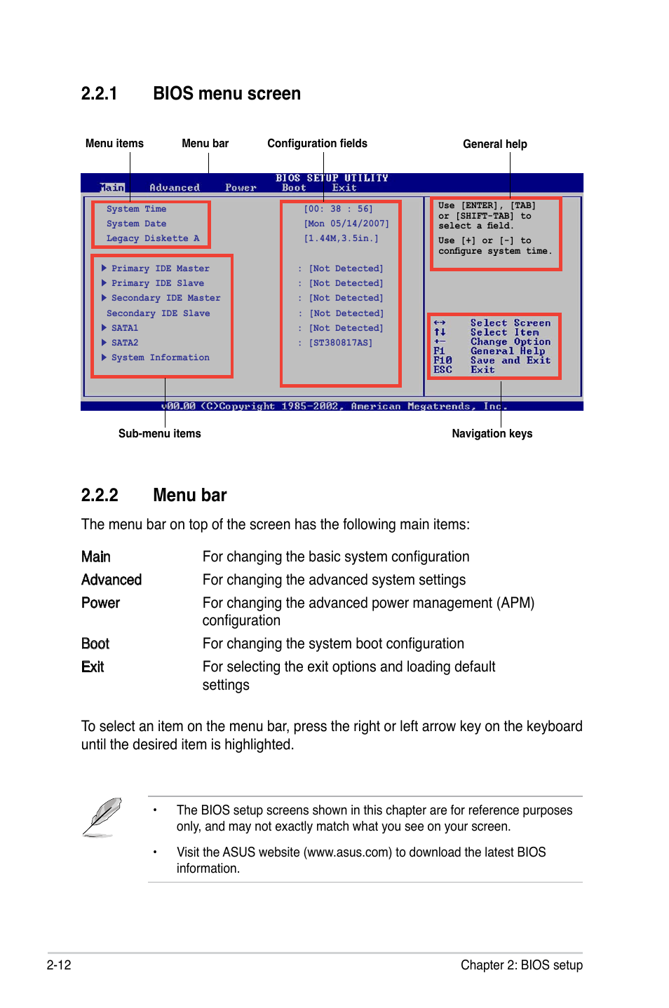 1 bios menu screen 2.2.2 menu bar | Asus P5V-X SE User Manual | Page 60 / 88