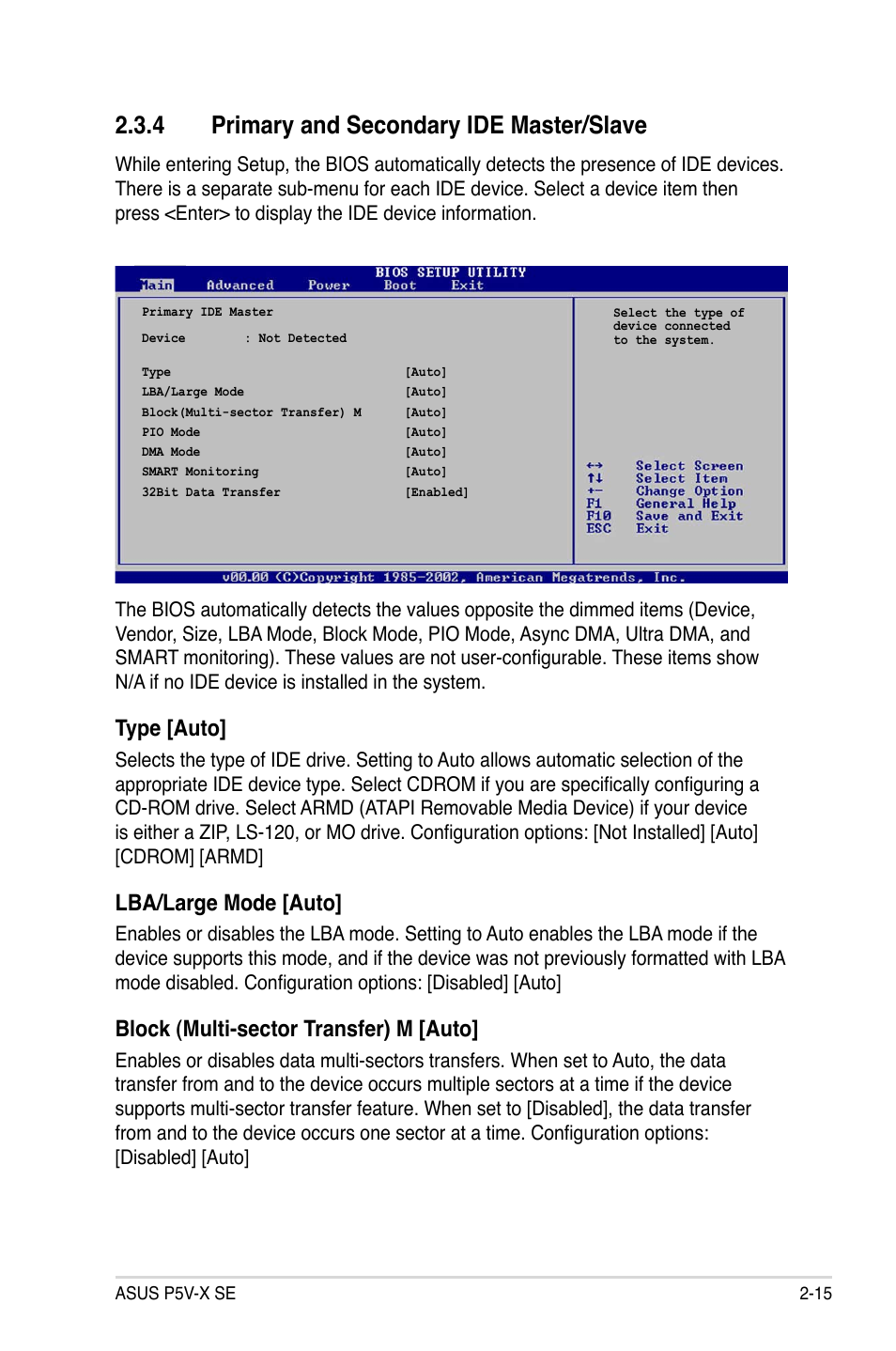 4 primary and secondary ide master/slave, Type [auto, Lba/large mode [auto | Block (multi-sector transfer) m [auto | Asus P5V-X SE User Manual | Page 63 / 88