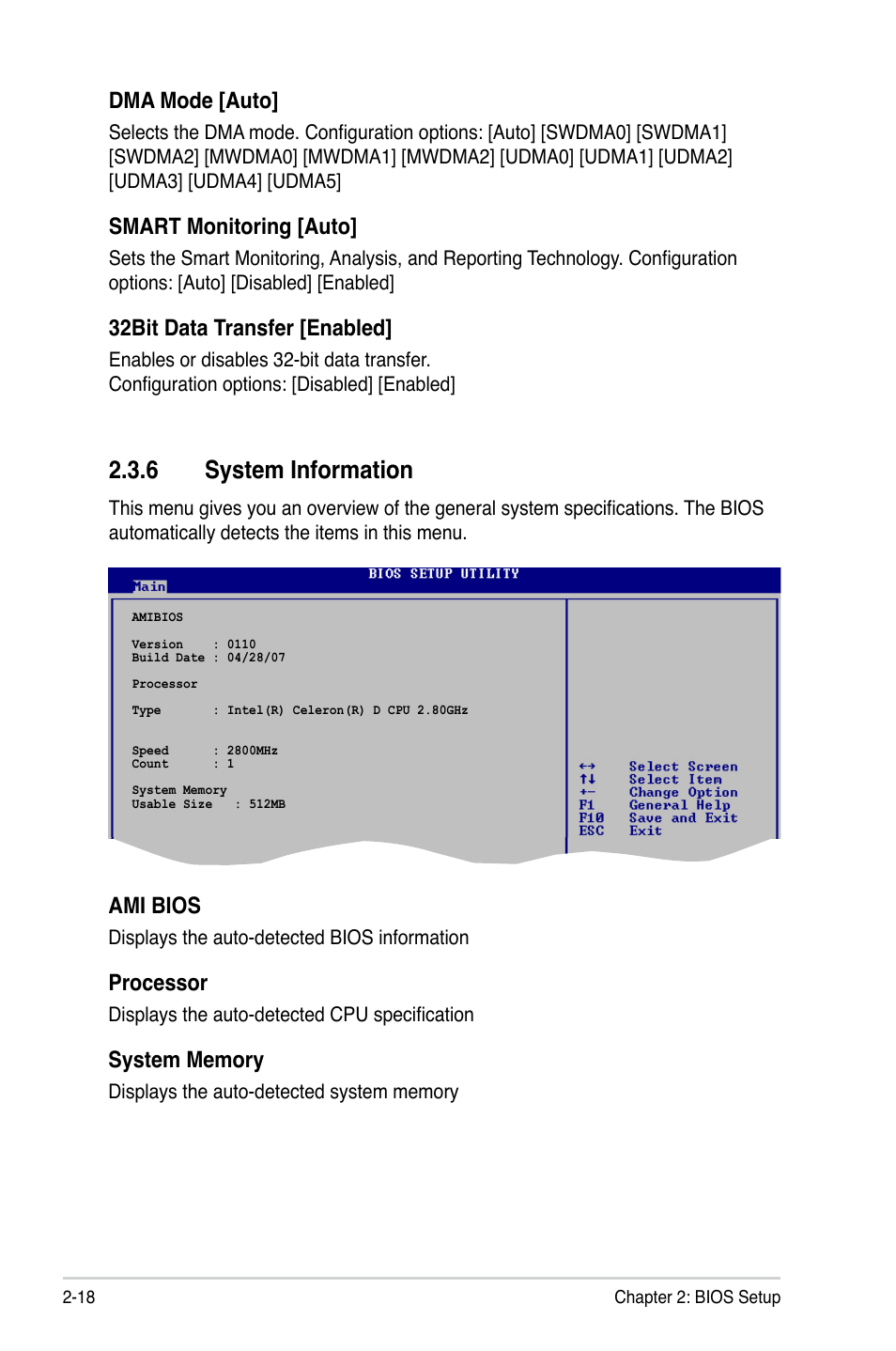 6 system information, Dma mode [auto, Smart monitoring [auto | 32bit data transfer [enabled, Ami bios, Processor | Asus P5V-X SE User Manual | Page 66 / 88