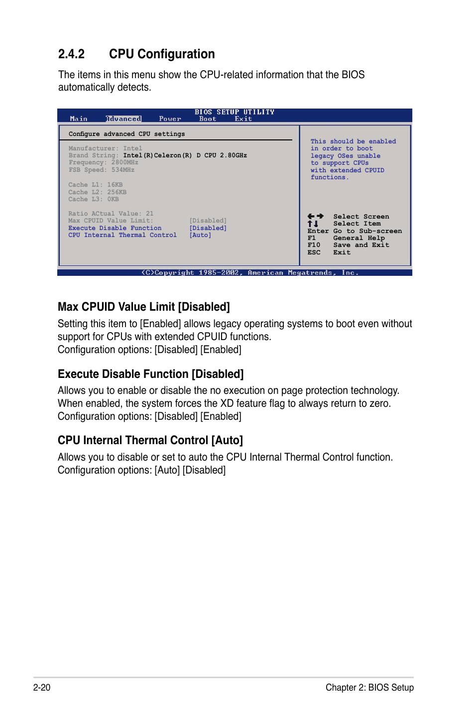 2 cpu configuration, Max cpuid value limit [disabled, Execute disable function [disabled | Cpu internal thermal control [auto | Asus P5V-X SE User Manual | Page 68 / 88