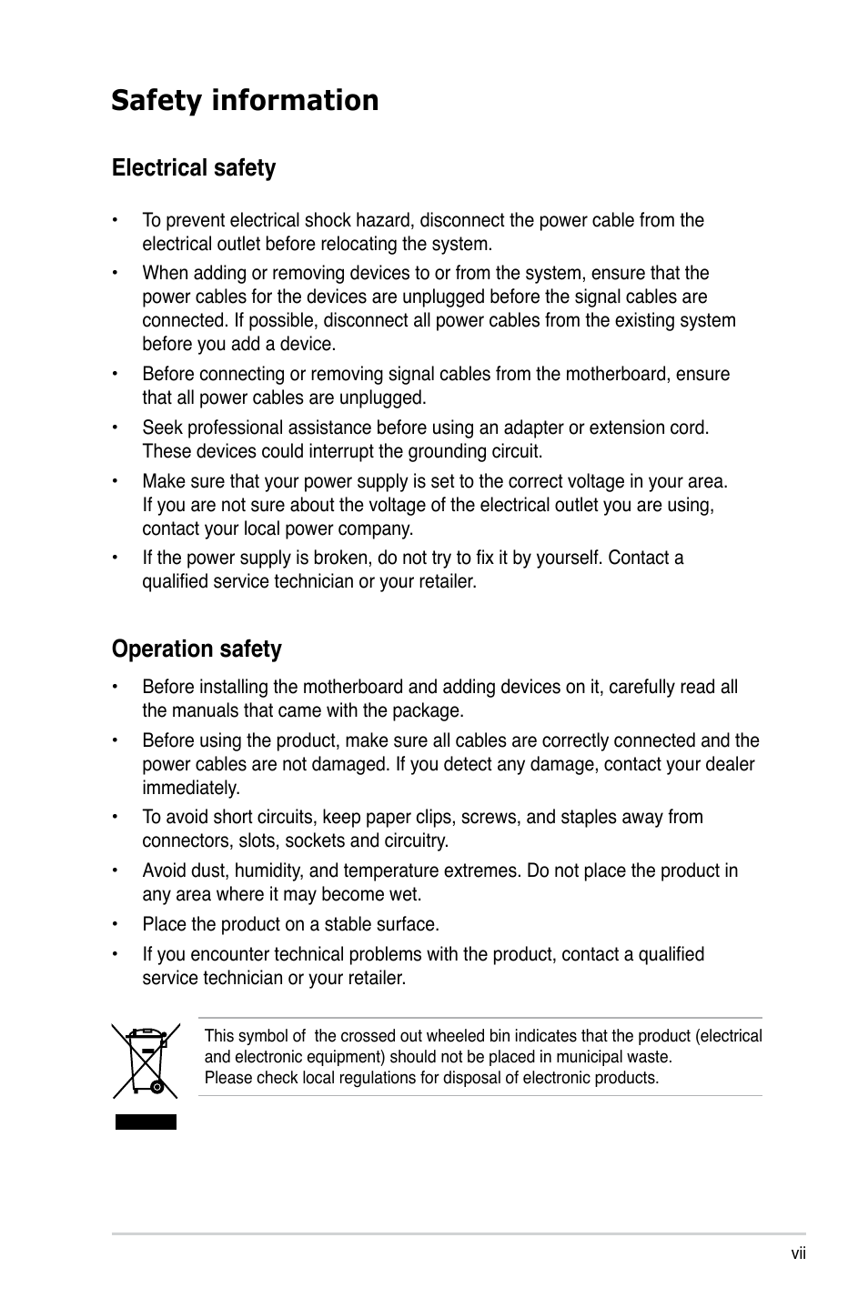 Safety information, Electrical safety, Operation safety | Asus P5V-X SE User Manual | Page 7 / 88