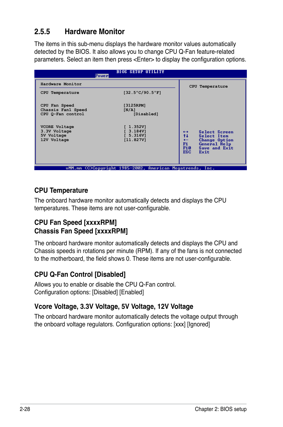 5 hardware monitor, Cpu temperature, Cpu q-fan control [disabled | Asus P5V-X SE User Manual | Page 76 / 88