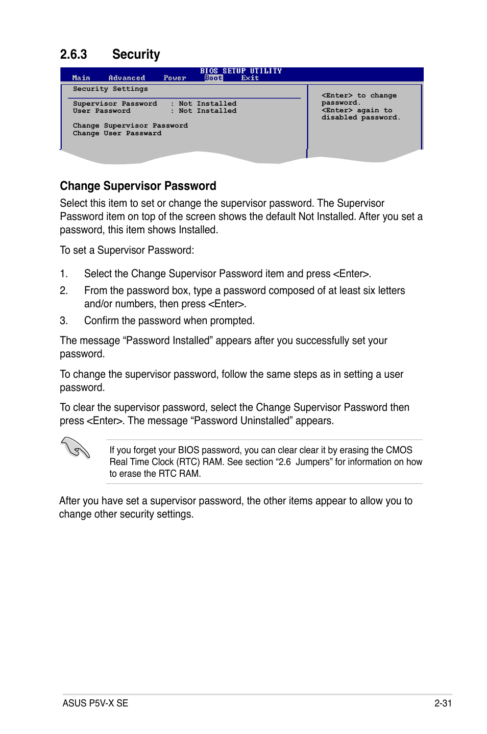 3 security, Change supervisor password | Asus P5V-X SE User Manual | Page 79 / 88