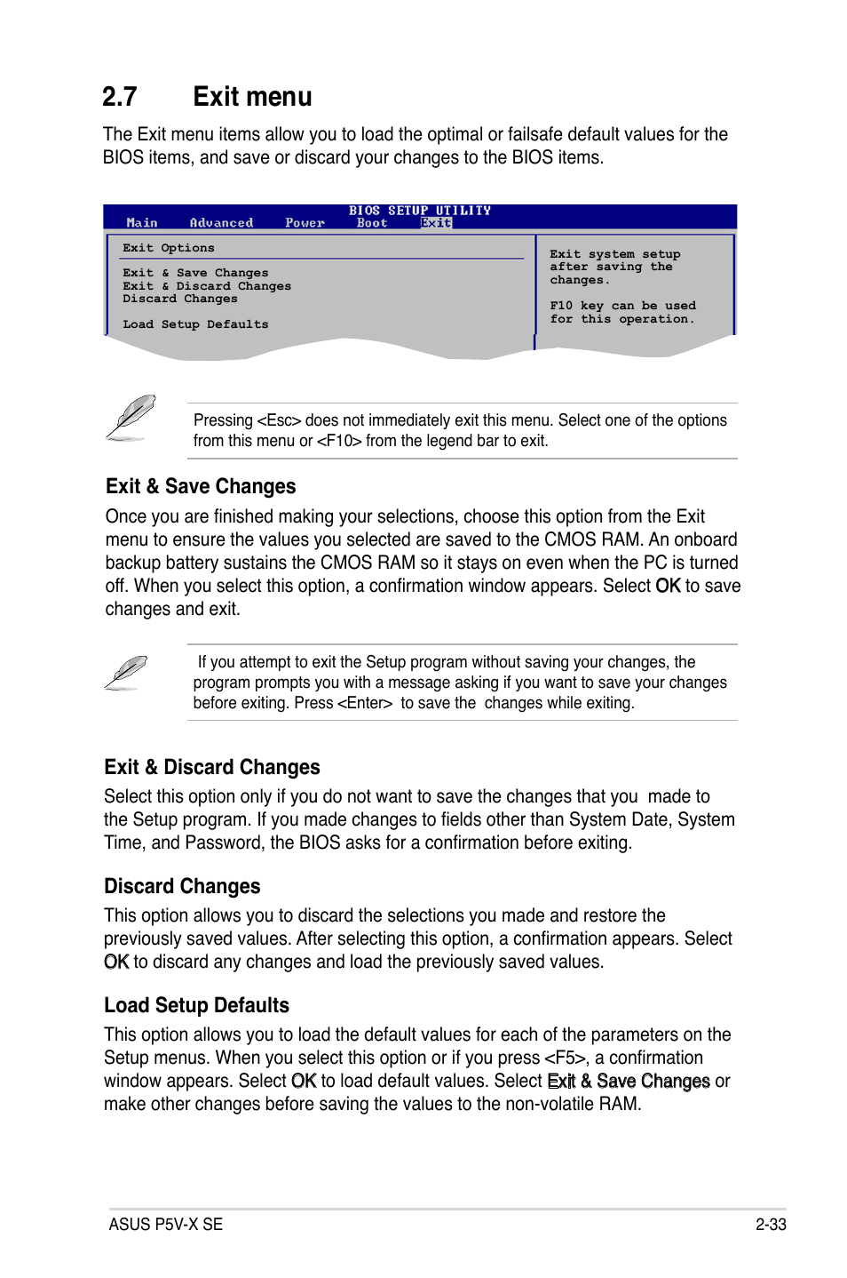 7 exit menu, Exit & discard changes, Discard changes | Load setup defaults, Exit & save changes | Asus P5V-X SE User Manual | Page 81 / 88