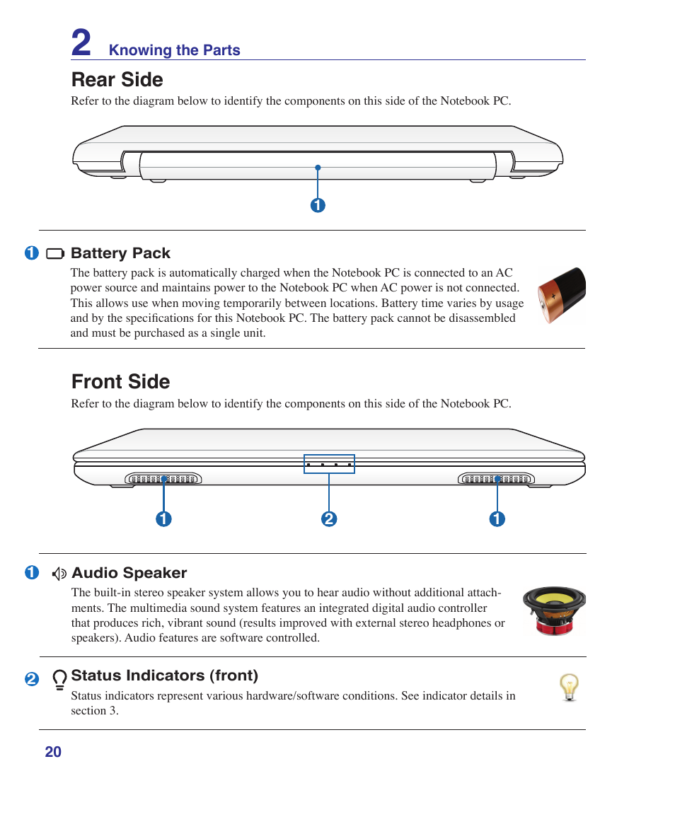 Rear side, Front side | Asus UL30A User Manual | Page 20 / 82