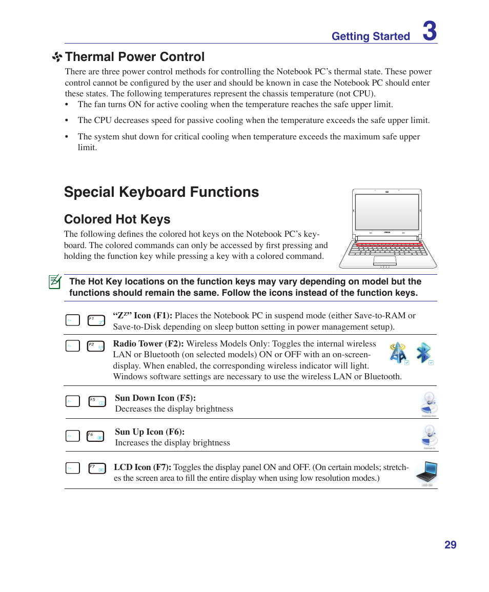 Special keyboard functions, Colored hot keys, Thermal power control | Asus UL30A User Manual | Page 29 / 82