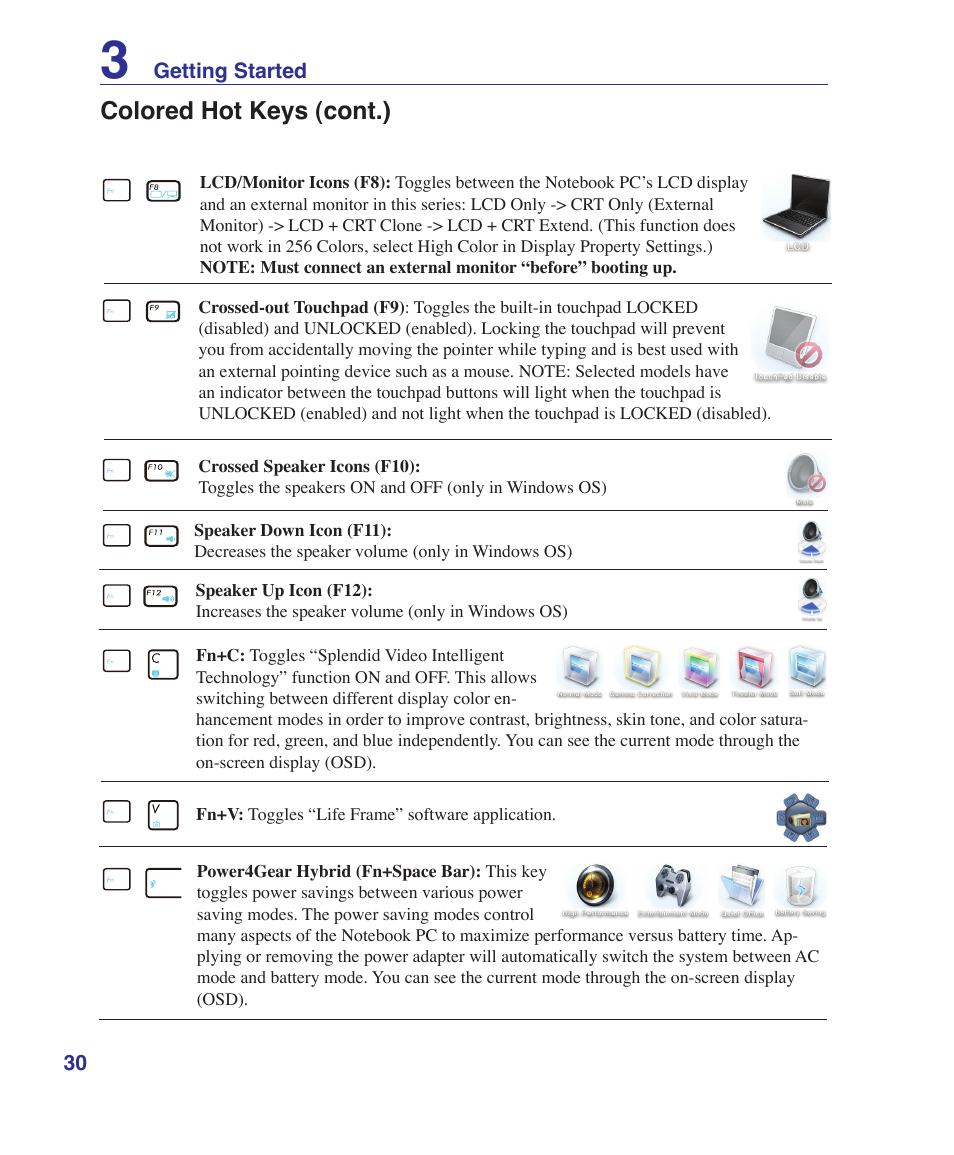 Colored hot keys (cont.) | Asus UL30A User Manual | Page 30 / 82