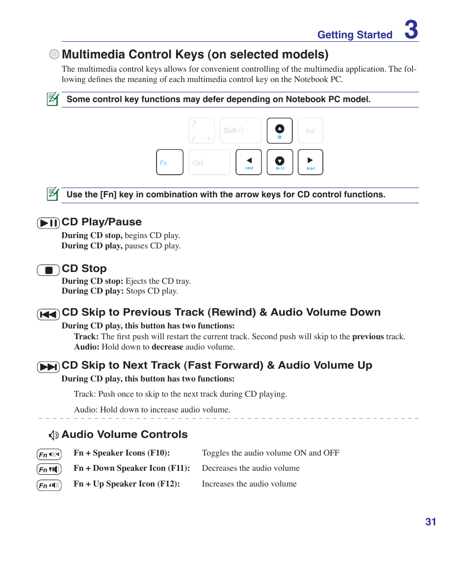 Multimedia control keys (on selected models) | Asus UL30A User Manual | Page 31 / 82