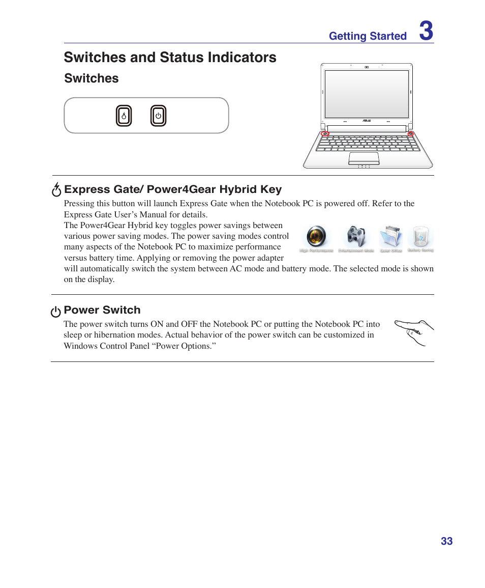 Switches and status indicators, Switches | Asus UL30A User Manual | Page 33 / 82