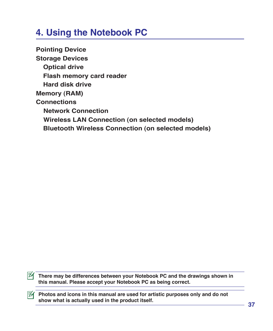 Using the notebook pc | Asus UL30A User Manual | Page 37 / 82