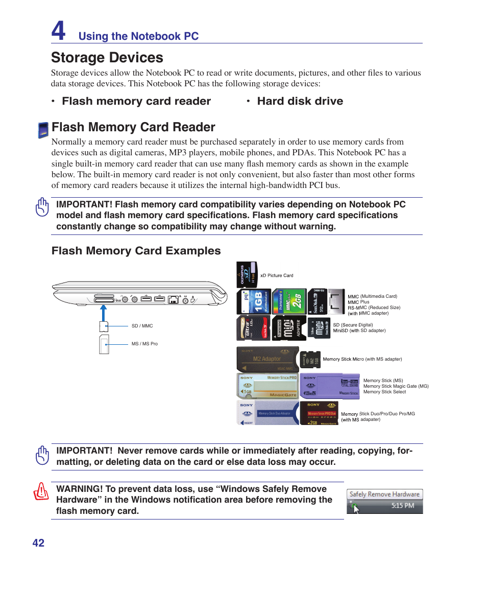 Storage devices, Flash memory card reader | Asus UL30A User Manual | Page 42 / 82