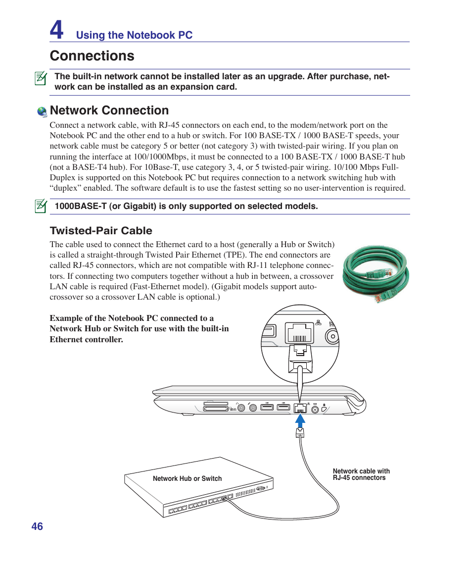 Connections, Network connection | Asus UL30A User Manual | Page 46 / 82