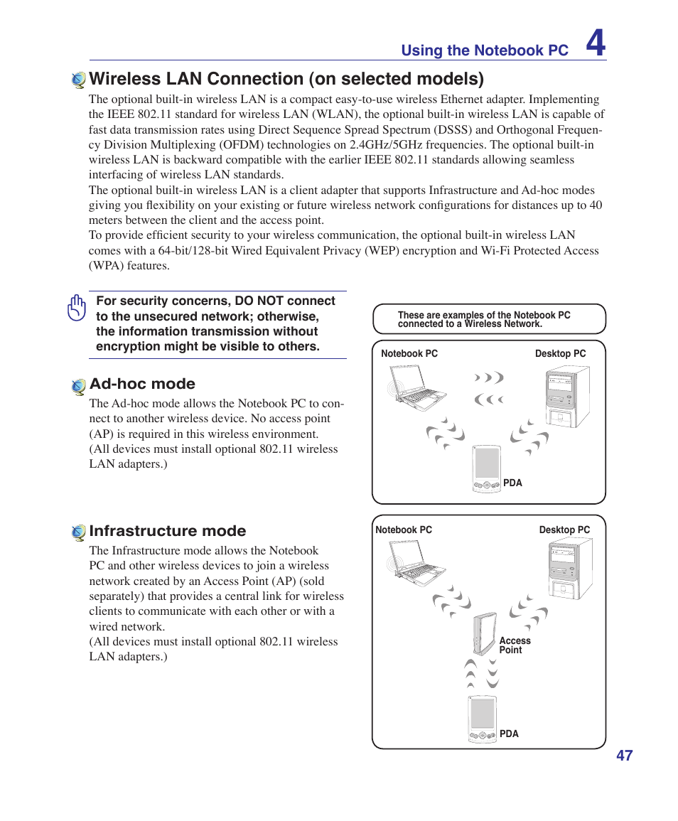 Wireless lan connection (on selected models) | Asus UL30A User Manual | Page 47 / 82