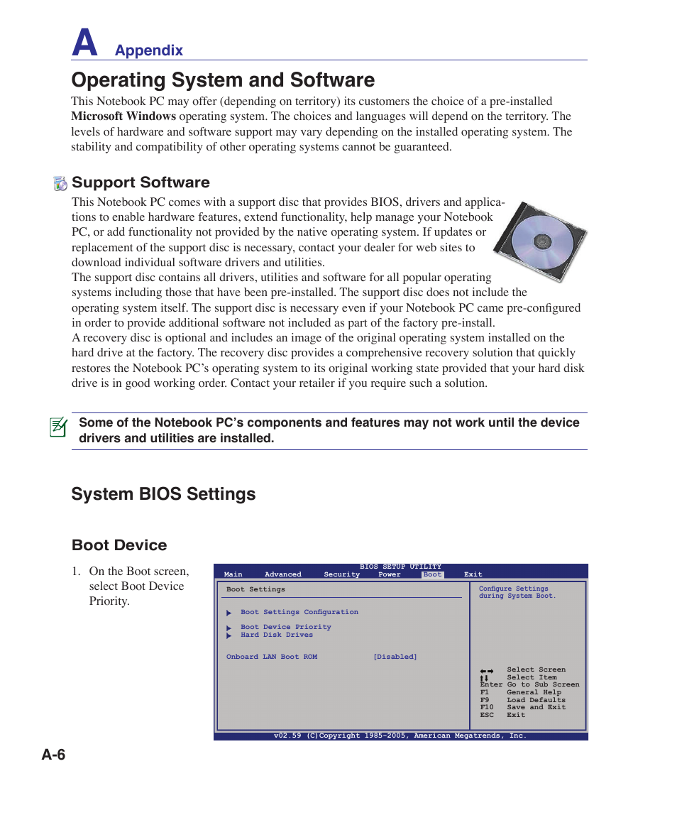 Operating system and software, System bios settings, Appendix support software | Boot device | Asus UL30A User Manual | Page 56 / 82