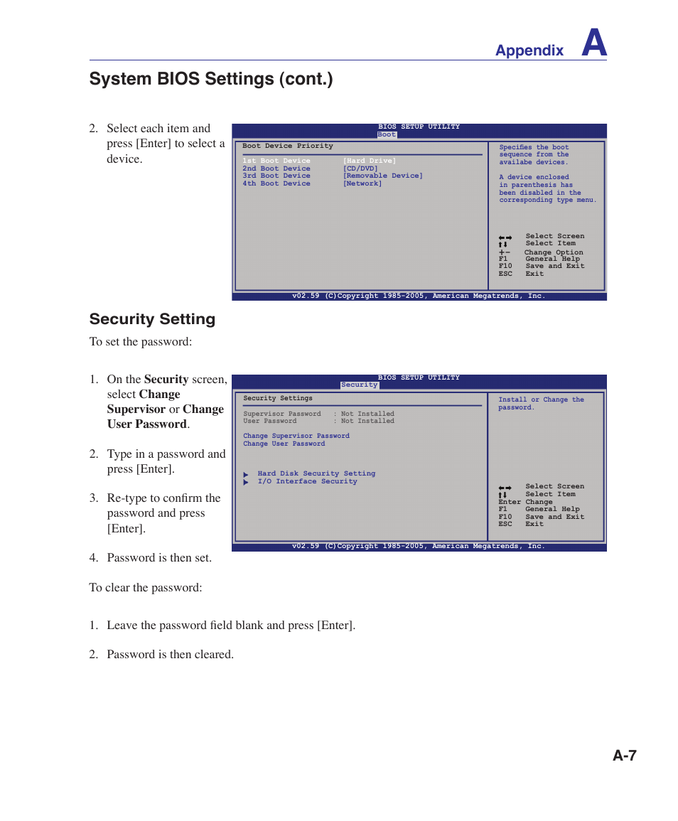 System bios settings (cont.), A-7 appendix, Security setting | Asus UL30A User Manual | Page 57 / 82