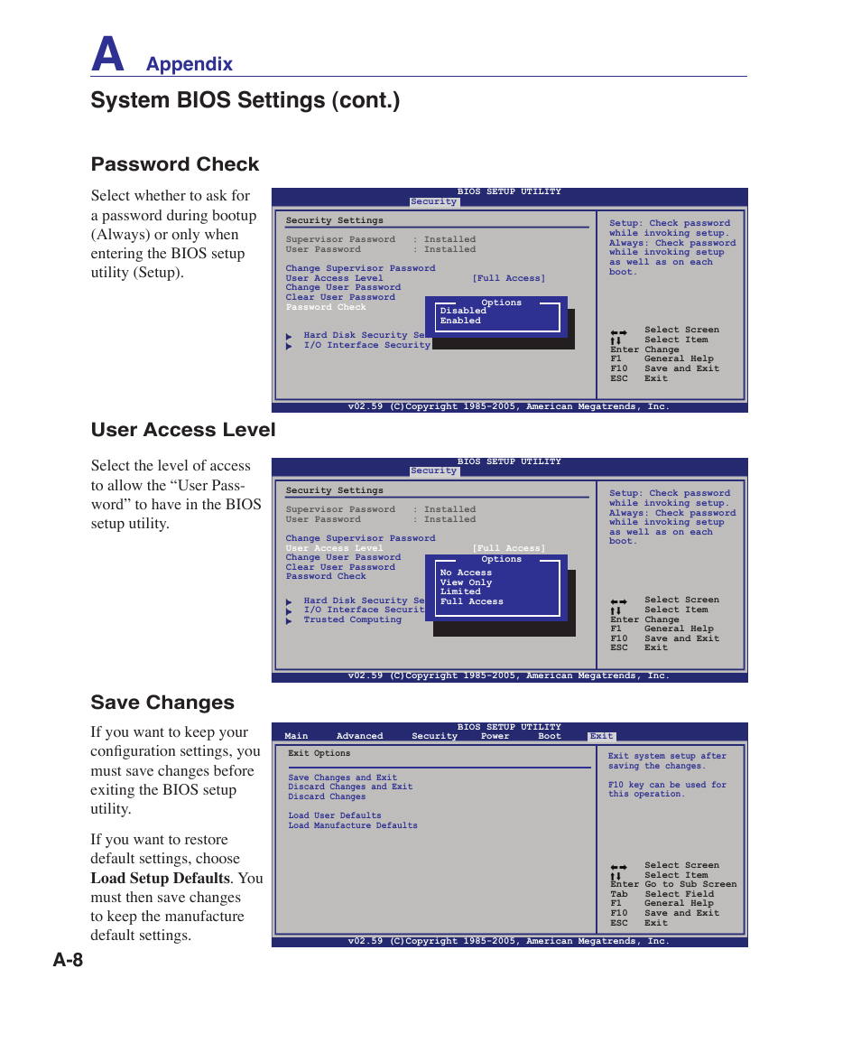 System bios settings (cont.), Password check, User access level save changes | Appendix | Asus UL30A User Manual | Page 58 / 82