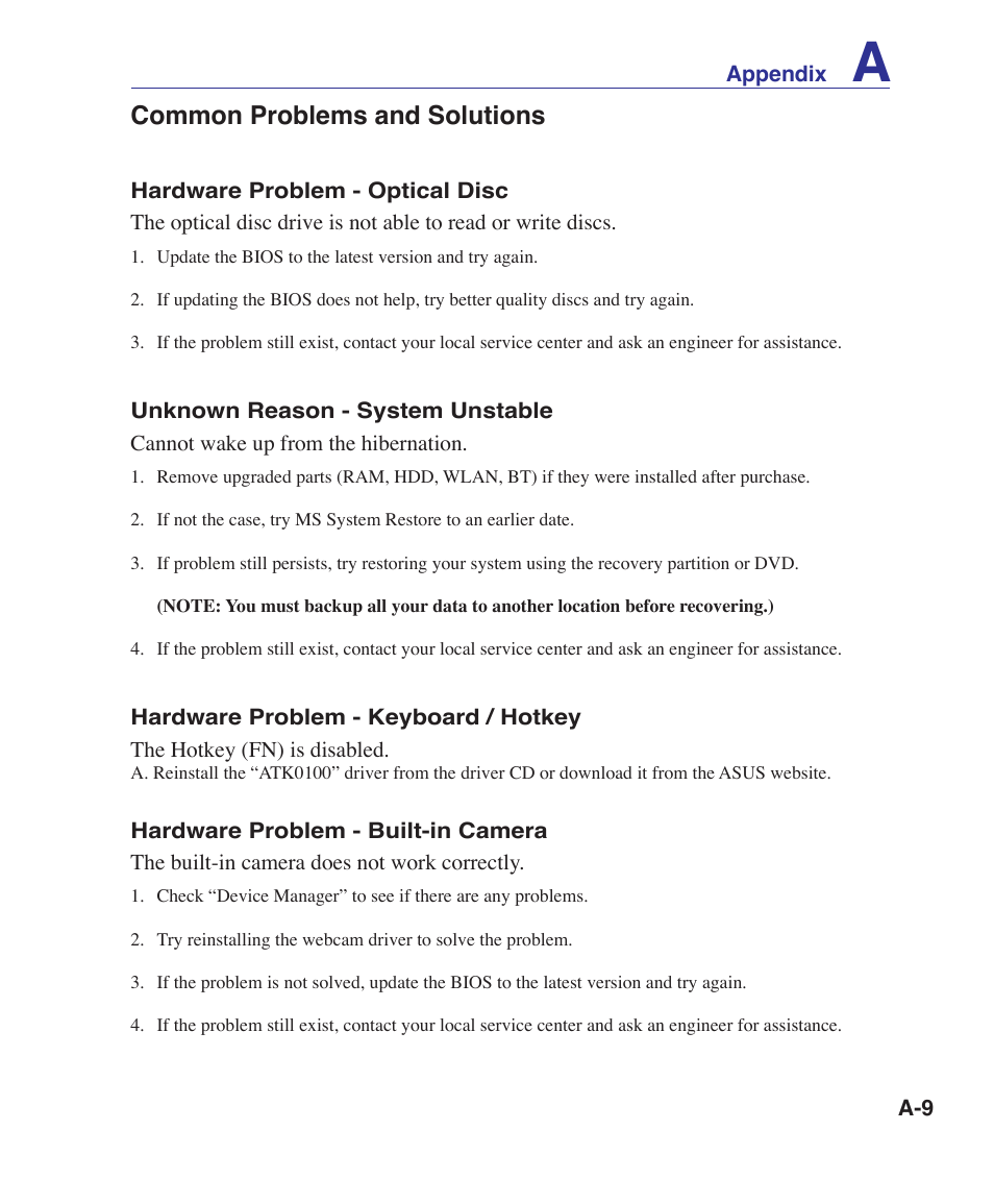 Common problems and solutions | Asus UL30A User Manual | Page 59 / 82
