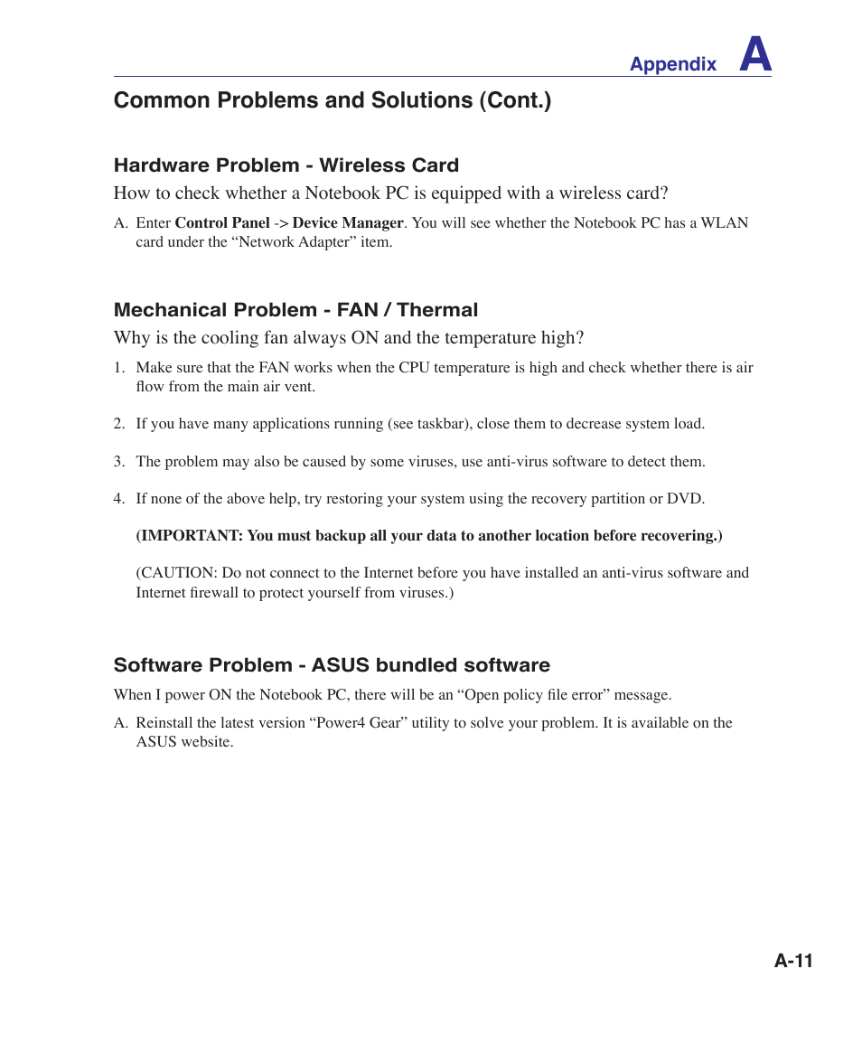 Common problems and solutions (cont.) | Asus UL30A User Manual | Page 61 / 82