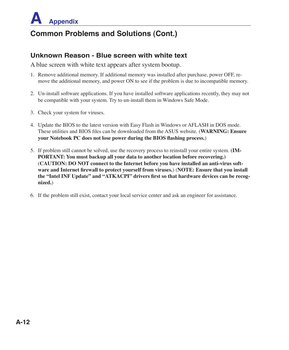 Common problems and solutions (cont.) | Asus UL30A User Manual | Page 62 / 82