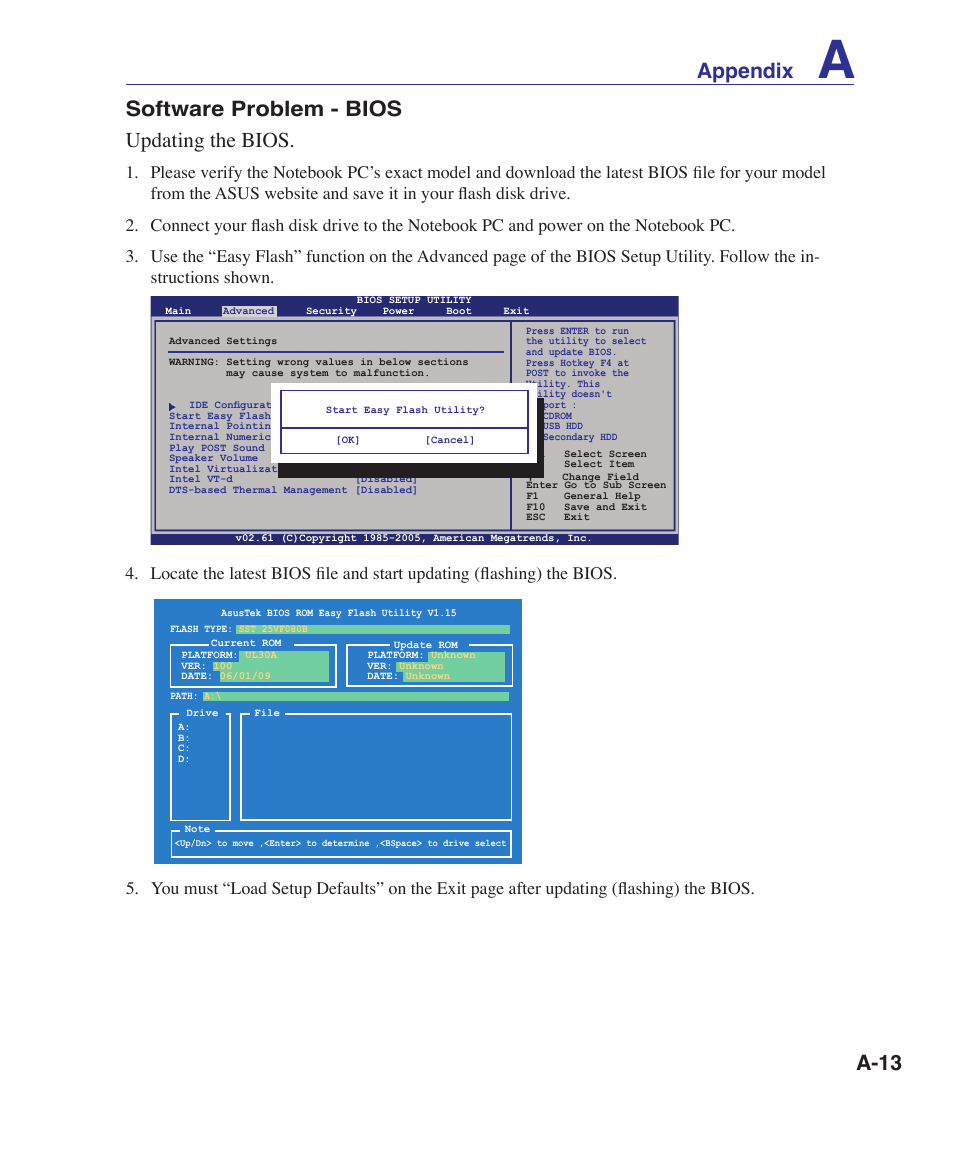 A-13 software problem - bios updating the bios, Appendix | Asus UL30A User Manual | Page 63 / 82