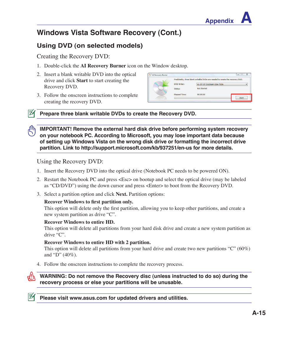 Windows vista software recovery (cont.) | Asus UL30A User Manual | Page 65 / 82