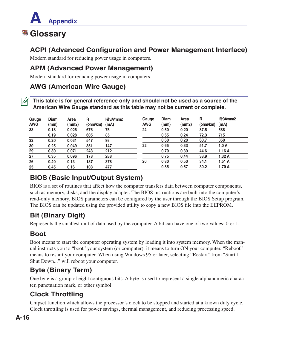 Glossary, Apm (advanced power management), Awg (american wire gauge) | Bios (basic input/output system), Bit (binary digit), Boot, Byte (binary term), Clock throttling, Appendix | Asus UL30A User Manual | Page 66 / 82