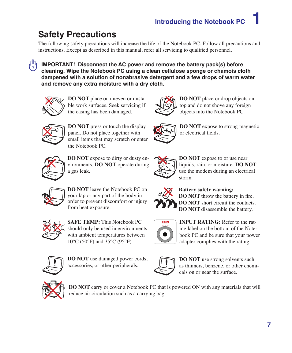Safety precautions | Asus UL30A User Manual | Page 7 / 82