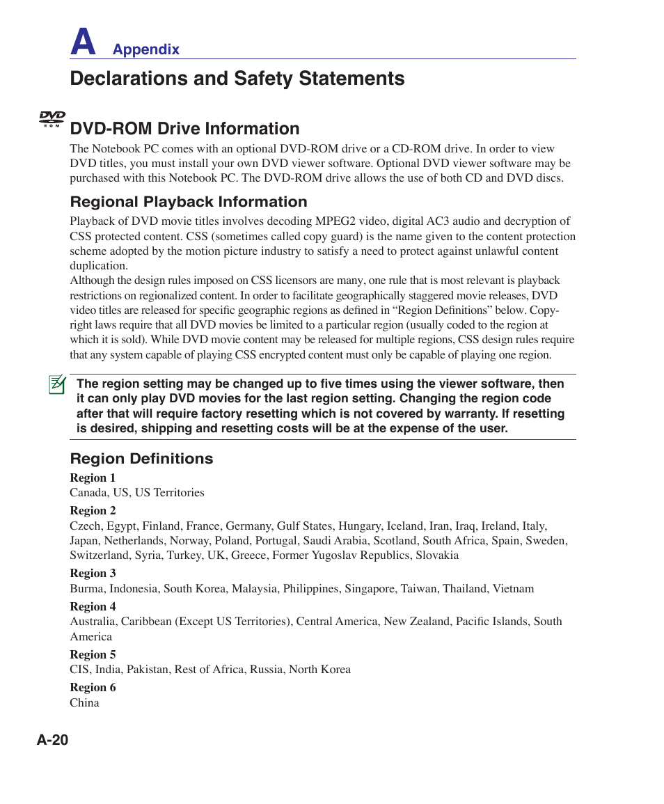 Declarations and safety statements, Dvd-rom drive information | Asus UL30A User Manual | Page 70 / 82