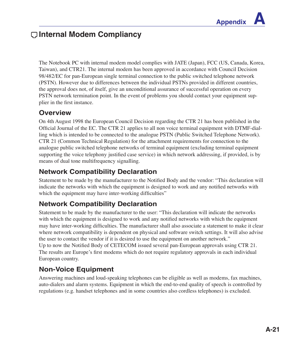 Internal modem compliancy | Asus UL30A User Manual | Page 71 / 82