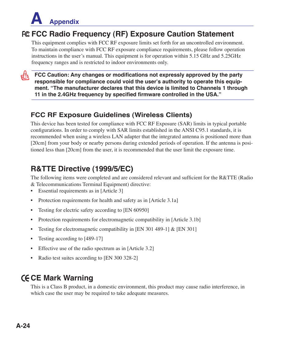 R&tte directive (1999//ec), Ce mark warning | Asus UL30A User Manual | Page 74 / 82