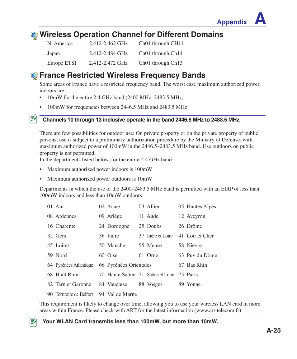 France restricted wireless frequency bands, Wireless operation channel for different domains | Asus UL30A User Manual | Page 75 / 82