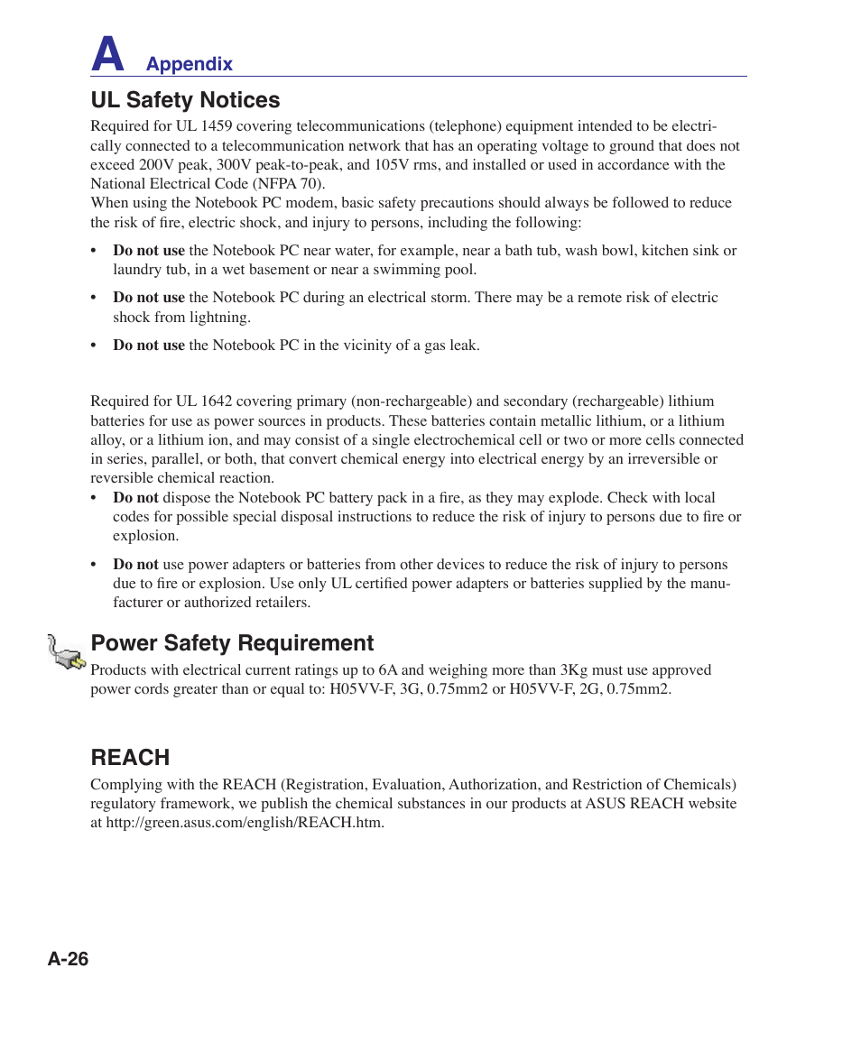 Ul safety notices, Power safety requirement, Reach | Asus UL30A User Manual | Page 76 / 82