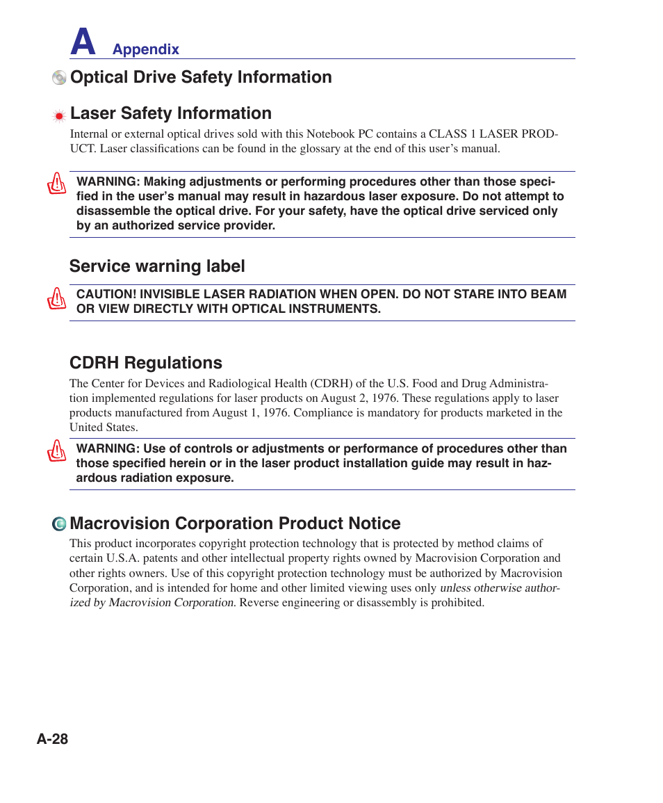 Service warning label, Cdrh regulations, Macrovision corporation product notice | Asus UL30A User Manual | Page 78 / 82